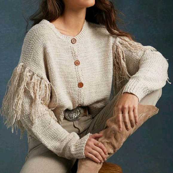 Fringe Sleeve Textured Crewneck Cardigan Sweater - Picture 1 of 4